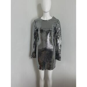Women’s Silver Sequin Mini Dress Long Sleeve Bodycon Club Cocktail Size M NWT